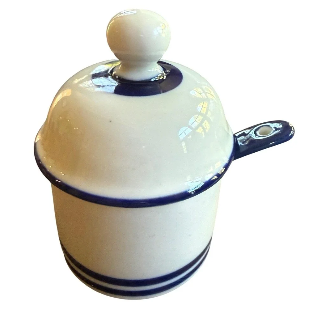 Vintage Dansk Cobalt Blue Stripe Stoneware Mustard Pot with Lid & Spoon Japan